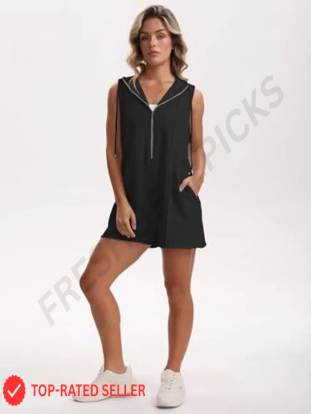 Women's Sleeveless Hooded Romper Jumpsuit with Pockets Zip-Front Casual Athletic